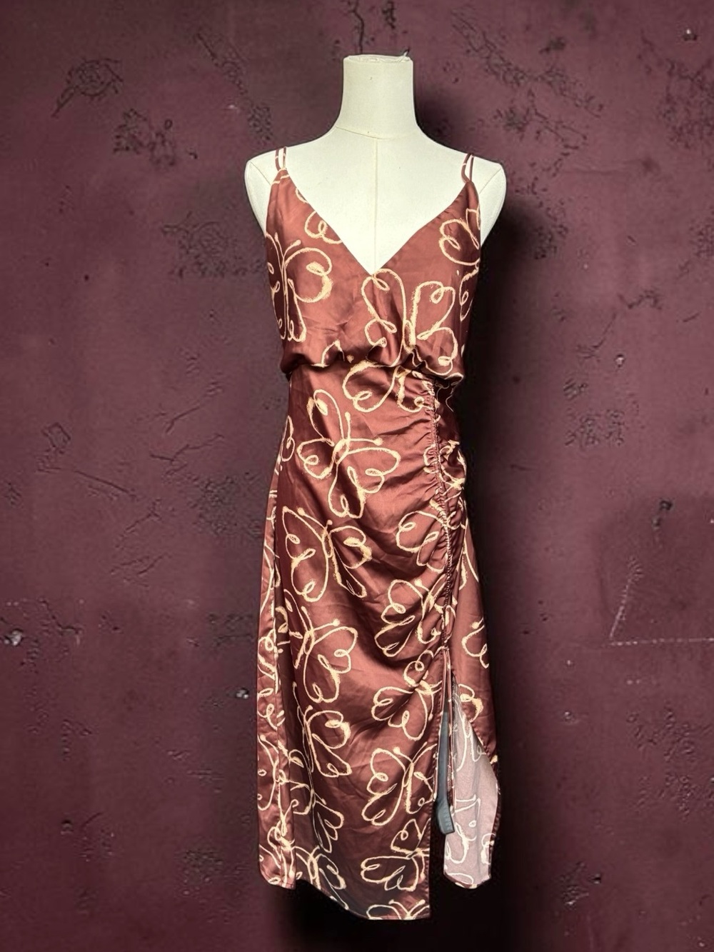 Urban Outfitters Brown Satin Floral Midi Dress